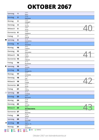 Kalender Oktober 2067 im Hochformat mit Notizbereich