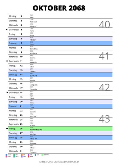 Kalender Oktober 2068 im Hochformat mit Notizbereich