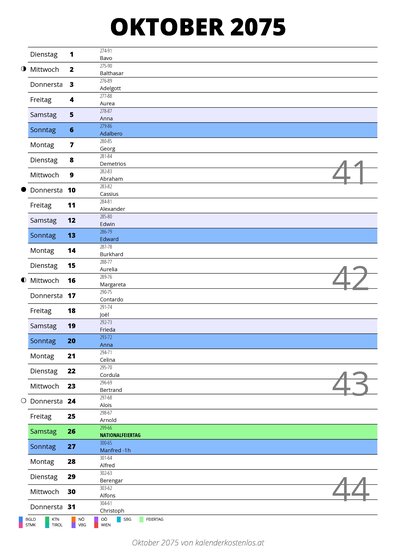 Kalender Oktober 2075 im Hochformat mit Notizbereich