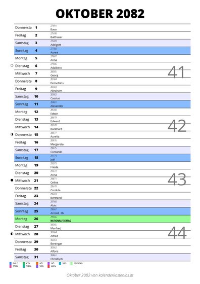Kalender Oktober 2082 im Hochformat mit Notizbereich