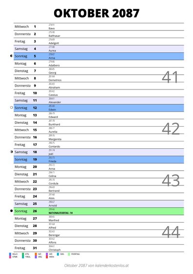 Kalender Oktober 2087 im Hochformat mit Notizbereich