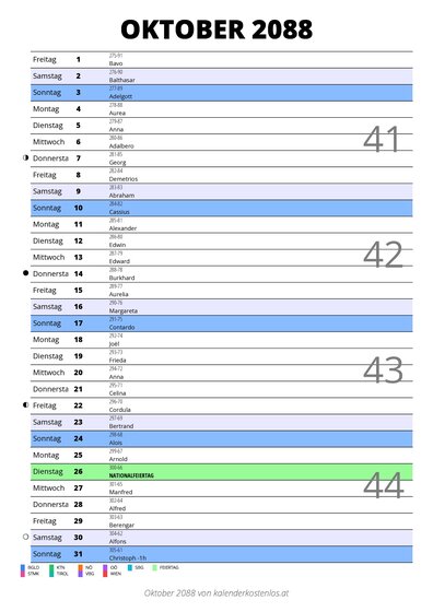 Kalender Oktober 2088 im Hochformat mit Notizbereich