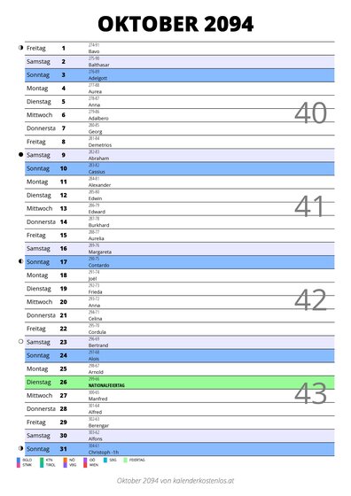 Kalender Oktober 2094 im Hochformat mit Notizbereich