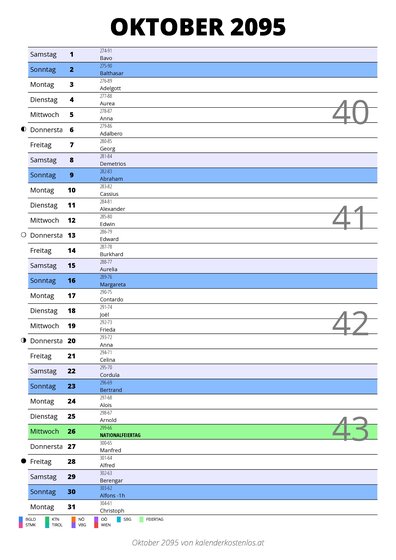 Kalender Oktober 2095 im Hochformat mit Notizbereich