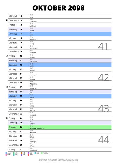 Kalender Oktober 2098 im Hochformat mit Notizbereich