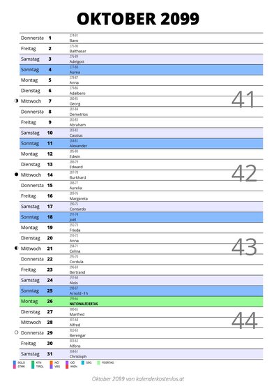 Kalender Oktober 2099 im Hochformat mit Notizbereich