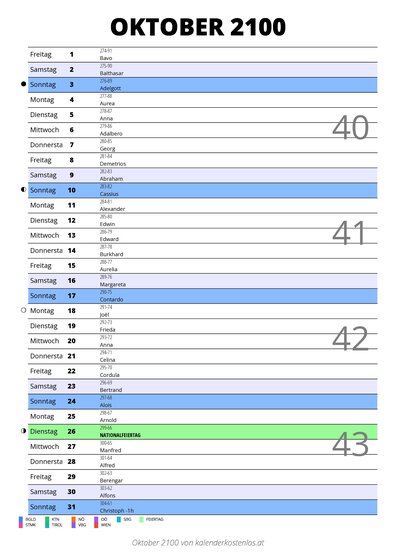 Kalender Oktober 2100 im Hochformat mit Notizbereich