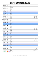 Kalender September 2020 im Hochformat mit Notizbereich