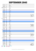 Kalender September 2043 im Hochformat mit Notizbereich