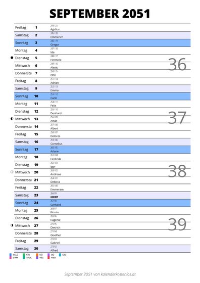 Kalender September 2051 im Hochformat mit Notizbereich