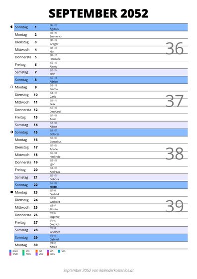 Kalender September 2052 im Hochformat mit Notizbereich
