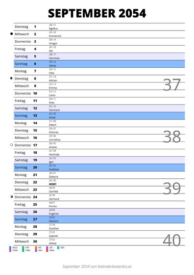 Kalender September 2054 im Hochformat mit Notizbereich