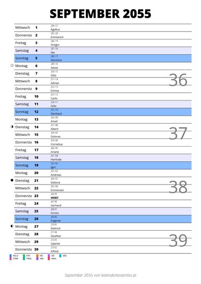 Kalender September 2055 im Hochformat mit Notizbereich