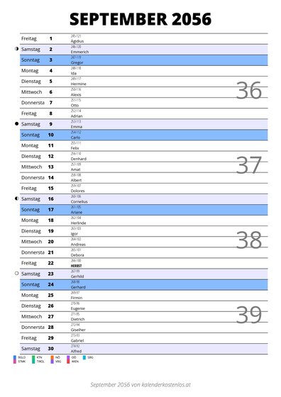 Kalender September 2056 im Hochformat mit Notizbereich