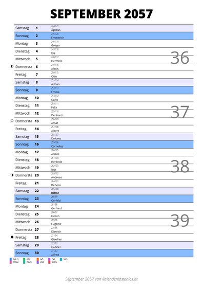 Kalender September 2057 im Hochformat mit Notizbereich