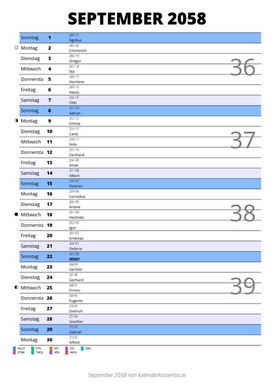 Kalender September 2058 im Hochformat mit Notizbereich