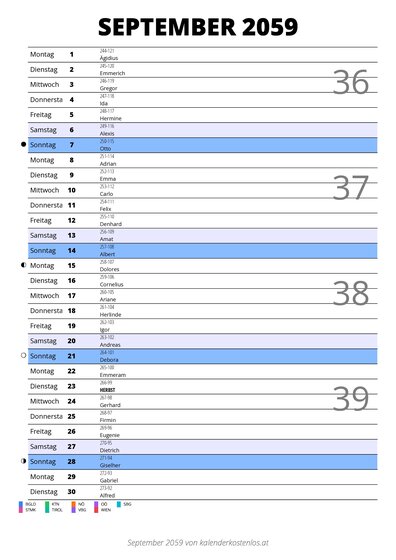 Kalender September 2059 im Hochformat mit Notizbereich