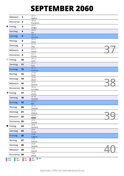 Kalender September 2060 im Hochformat mit Notizbereich