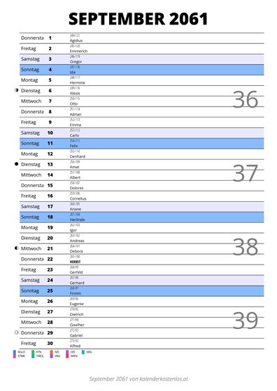 Kalender September 2061 im Hochformat mit Notizbereich