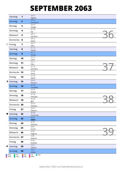 Kalender September 2063 im Hochformat mit Notizbereich