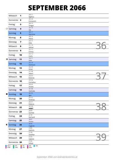 Kalender September 2066 im Hochformat mit Notizbereich