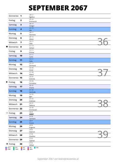 Kalender September 2067 im Hochformat mit Notizbereich
