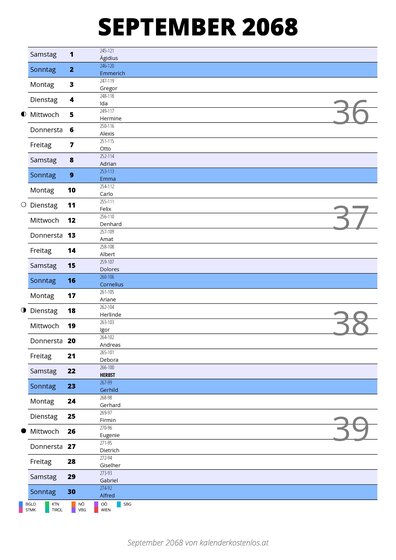 Kalender September 2068 im Hochformat mit Notizbereich