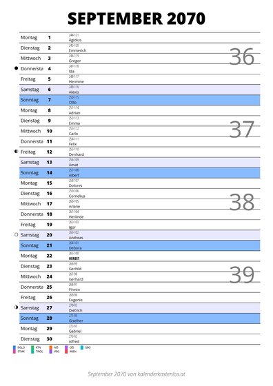 Kalender September 2070 im Hochformat mit Notizbereich