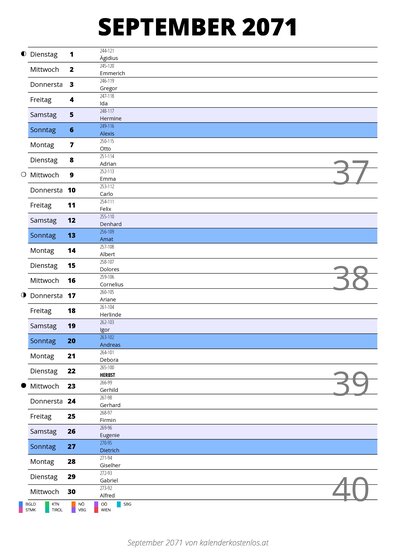 Kalender September 2071 im Hochformat mit Notizbereich