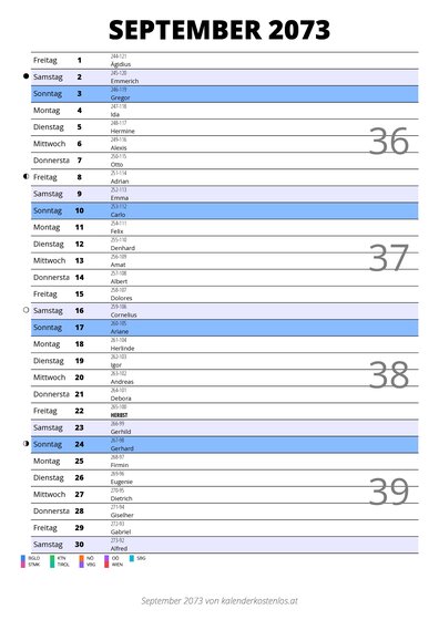 Kalender September 2073 im Hochformat mit Notizbereich