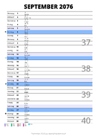 Kalender September 2076 im Hochformat mit Notizbereich