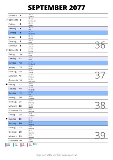 Kalender September 2077 im Hochformat mit Notizbereich