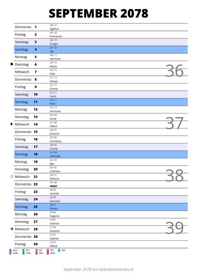 Kalender September 2078 im Hochformat mit Notizbereich