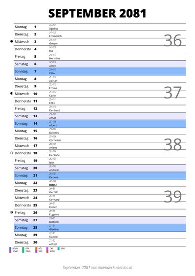 Kalender September 2081 im Hochformat mit Notizbereich