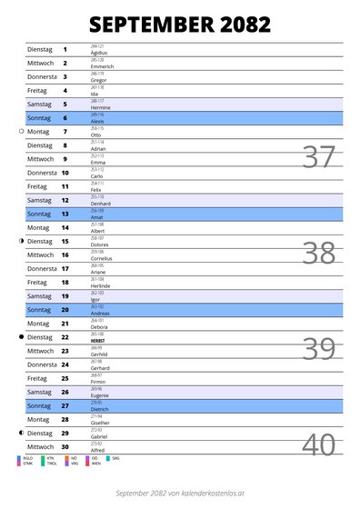 Kalender September 2082 im Hochformat mit Notizbereich