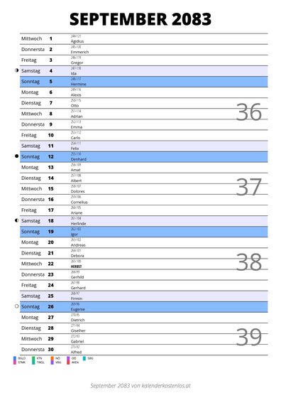Kalender September 2083 im Hochformat mit Notizbereich