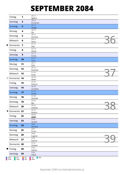 Kalender September 2084 im Hochformat mit Notizbereich