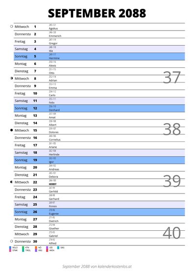 Kalender September 2088 im Hochformat mit Notizbereich