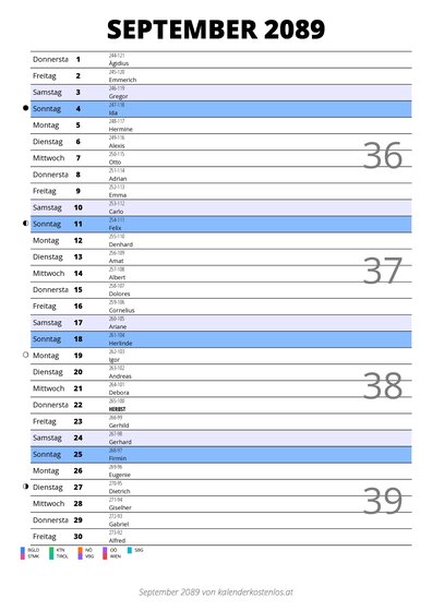 Kalender September 2089 im Hochformat mit Notizbereich