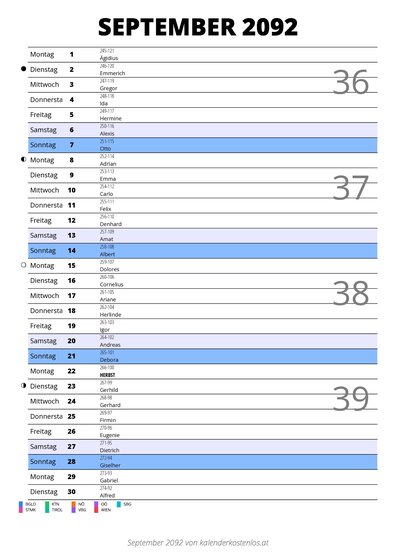 Kalender September 2092 im Hochformat mit Notizbereich