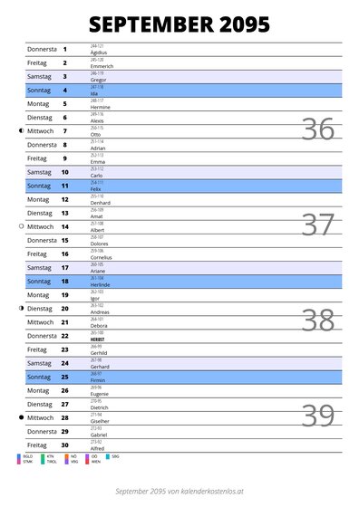 Kalender September 2095 im Hochformat mit Notizbereich