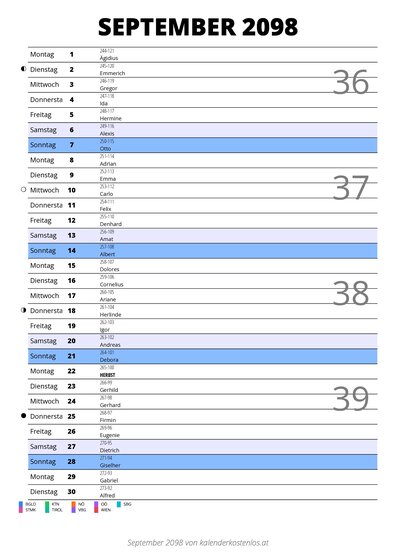 Kalender September 2098 im Hochformat mit Notizbereich