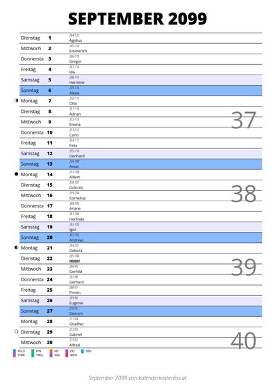 Kalender September 2099 im Hochformat mit Notizbereich