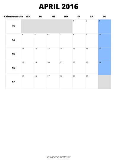 Kalender April 2016 im Hochformat