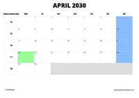 Kalender April 2030 Kalender April 2030 im Querformat