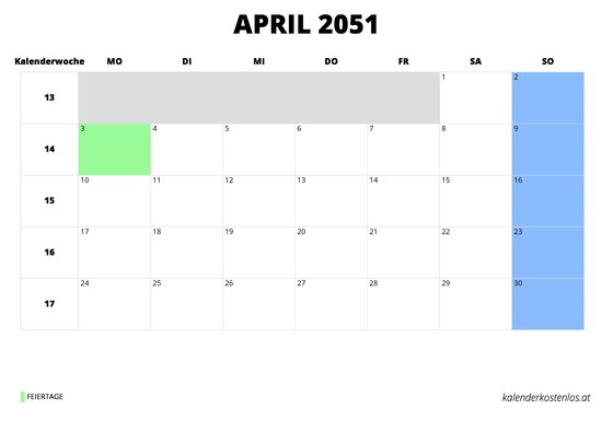 Kalender April 2051 im Querformat