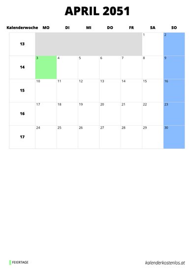 Kalender April 2051 im Hochformat