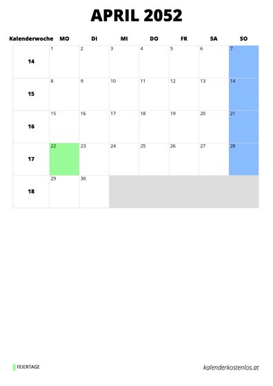 Kalender April 2052 Kalender April 2052 im Hochformat
