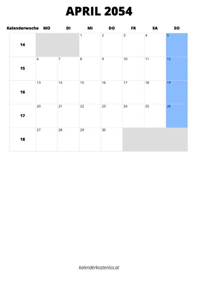 Kalender April 2054 Kalender April 2054 im Hochformat