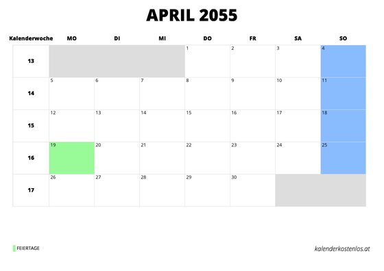 Kalender April 2055 Kalender April 2055 im Querformat